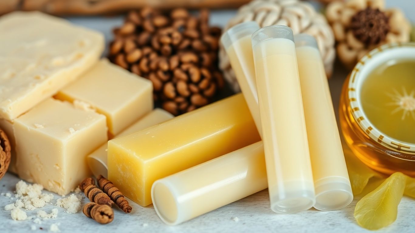 Natürliche Lippenbalsam-Zutaten und leere Tuben.